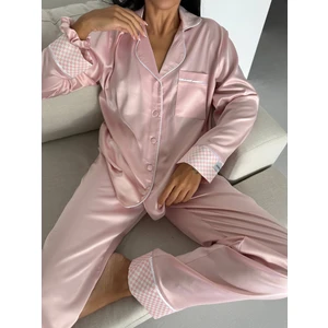 Pudra Pembe Saten Uzun Pijama Takımı