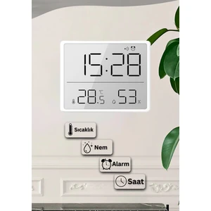 Dijital Duvar Saati Termometre Sıcaklık ve Nem Ölçer Masa Saati Alarm LCD Ekran Duvara Takılır Beyaz