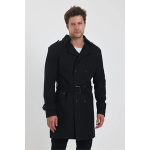 Trend Kombin Erkek Siyah Kruvaze Yaka Uzun Dar Kalıp Kaşe Kaban