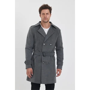 Trend Kombin Erkek Gri Renk Kruvaze Yaka Uzun Dar Kalıp Kaşe Kaban