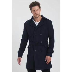 Trend Kombin Erkek Lacivert Kruvaze Yaka Uzun Dar Kalıp Kaşe Kaban