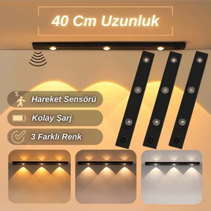 Sensörlü Şarjlı Mutfak Dolap Gece Lambası Dekoratif Mıknatıslı 3 Farklı Renk 40CM Siyah Şerit LED