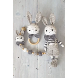 Amigurumi Yenidoğan Tulumlu Tavşan Set, Uyku Arkadaşı, Çıngırak ve Emzik Zinciri