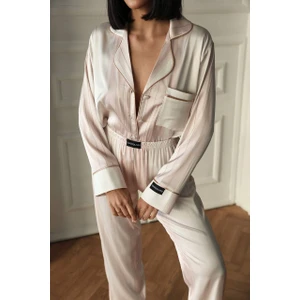 Pudra Krem Uzun Saten Pijama Takımı