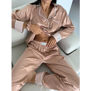 Krem Kahve Saten Uzun Pijama Takımı