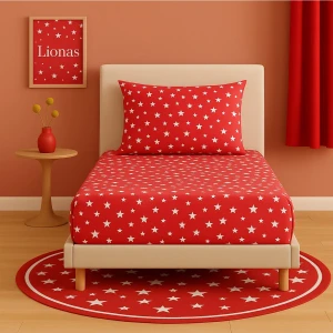 Desenli 100 x 200 cm Tek Kişilik Kırmızı Yıldız Lastikli Çarşaf ve Yastık Kılıfı