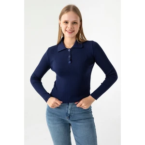 Kadın Polo Yaka Düğme Detaylı Fitilli Triko Body Lacivert - 25K 2057