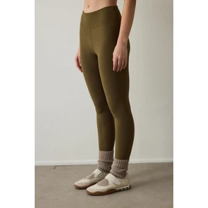 Koyu Yağ Yeşili Termal Etkili Kadife Dokulu V Kesim Yüksek Bel Tayt