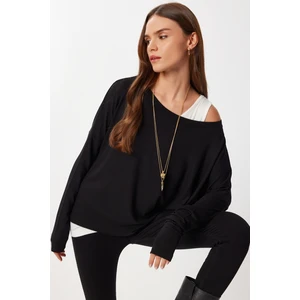 Açık Omuzlu Atletli Viskon Bluz LEN0045 Siyah Beyaz