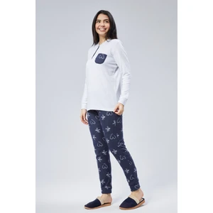 Mooncover Kadın Kışlık Cep Detaylı Pijama Takımı Gri-Lacivert