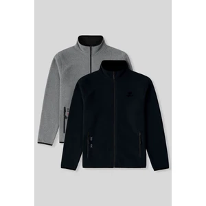 Standart Kalıp Dik Yaka 2li Paket Lacivert-Gri Melanj Erkek Polar Sweatshirt - 87992