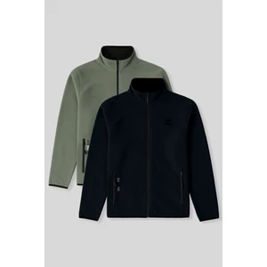 Standart Kalıp Dik Yaka 2li Paket Lacivert-Çağla Erkek Polar Sweatshirt - 87992