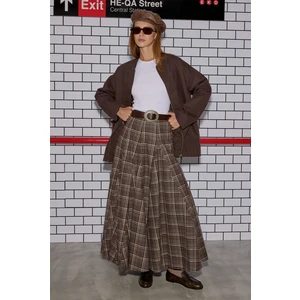 Volanlı Ekose Etek Kahve