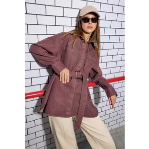 Kemerli Denim Gömlek Bordo