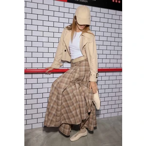 Volanlı Ekose Etek Bej