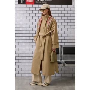 Funnel Neck Uzun Trençkot Açık Vizon