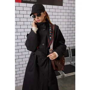 Funnel Neck Uzun Trençkot Siyah