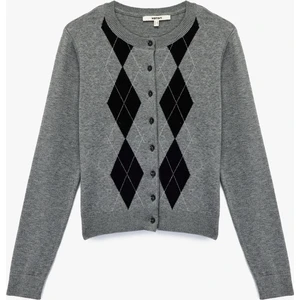 Düğmeli Uzun Kollu Bisiklet Yaka Baklava Desenli Triko Hırka