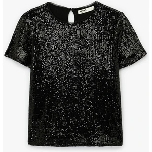 Kısa Kollu Bisiklet Yaka Pullu Payetli Abiye Bluz