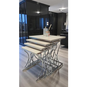 Arden Elite 4'lü Kare Zigon Sehpa Seti – Gümüş (Krom) Ayak, Krem Mdf