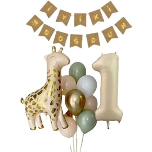 Zürafalı Krem Rakamlı Balon Set
