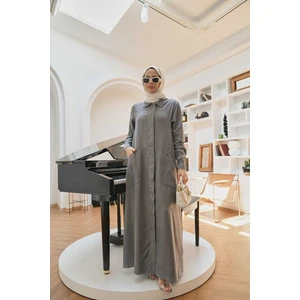 6648-TENSEL Düğmeli Ferace Gri