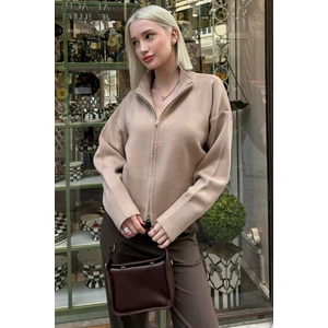 Bej Çift Fermuarlı Dik Yaka Kadın Triko Hırka MG2505