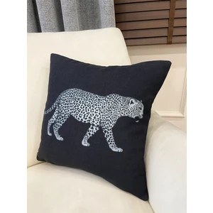 Siyah Renk Leopar Desenli Dokuma Kumaş Kırlent Kılıfı 45X45