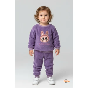 Kız Çocuk Labubu Karakter Nakışlı Peluş Polar Pijama Takımı | Kışlık 2’li Ev Giyim Seti