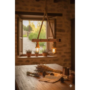 Ahşap & Halat Rustik Avize – Vintage Tarzı Dekoratif Sarkıt Lamba
