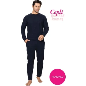 Erkek Guava Bisiklet Yaka Düğmesiz Kışlık Waffle Pamuklu Kumaş Uzun Manşetli Kol Cepli Pijama Takımı