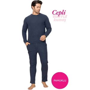 Erkek Guava Bisiklet Yaka Düğmesiz Kışlık Waffle Pamuklu Kumaş Uzun Manşetli Kol Cepli Pijama Takımı