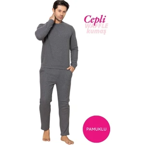 Erkek Guava Bisiklet Yaka Düğmesiz Kışlık Waffle Pamuklu Kumaş Uzun Manşetli Kol Cepli Pijama Takımı