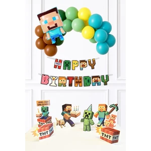 Minecraft Konsept Doğum Günü Süsleme Seti Steve Folyo Balonlu Lüks Paket