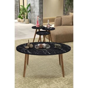 Gold Falez Mobilya Aksesuar ZİGON SEHPA VE ORTA SEHPA SET AHŞAP TORNA ELİPS SİYAH MERMER DESEN