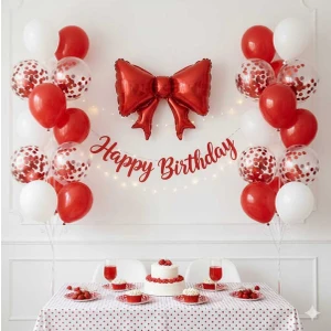 Kırmızı Fiyonk Folyo Balonlu Doğum Günü Balon Set