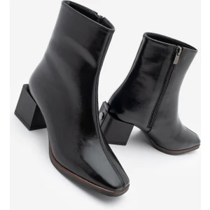 Kadın Topuklu Bot&Bootie Küt Burun Ahşap Desen Ökçe Fermuarlı Günlük Klasik Bot Noyes Siyah