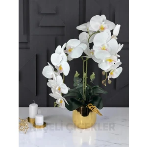 Yapay Çiçek Beyaz Islak Orkide 55 cm Lüks Gold Metal  Saksıda  Dekoratif Hediye Yapay Salon Çiçeği