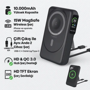 10000MAH Kablosuz Magsafe Powerbank | 15W Hızlı Şarj + 2 Çıkışlı Hızlı Şarj