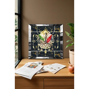 Gümüş Çerçeveli Siyah Osmanlı Tuğrası Temalı Dekoratif Mdf Duvar Saati