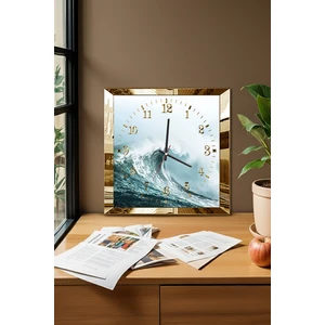 Gold Çerçeveli Dalga Temalı Dekoratif Mdf Duvar Saati