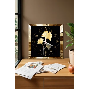 Gold Çerçeveli Altın Yaprak Deseni Temalı Dekoratif Mdf Duvar Saati