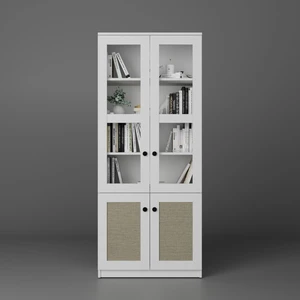 Lisa Kumaş Desenli 4 Kapaklı Beyaz Vitrin - Kitaplık ve Çok Amaçlı Dolap