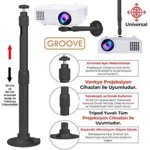 Vankyo Groove 30-60CM Alüminyum Projeksiyon Cihazı Tavan Askı Aparatı Duvar Bağlantı Aparatı Universal Projector Siyah (360° Dönebilen Tripod Yuvalı)