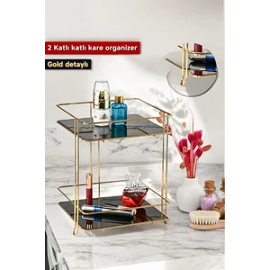 Iki Katlı Kare Banyo Kozmetik Takı Düzenleyici Çok Amaçlı Organizer Gold