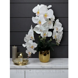 Yapay Çiçek Beyaz Islak Orkide 3 Dallı Lüks Gold Metal  Saksıda  55 cm Dekoratif Hediye Çiçek