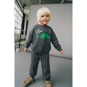 Erkek Çocuk Pamuklu Gri Sevimli Hayvancık Baskılı Sweatshirt - Dad Team Yazılı