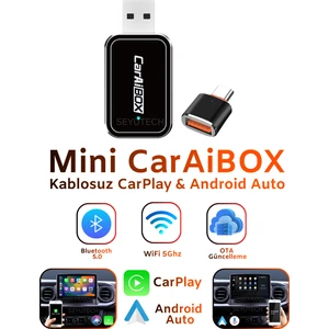 Mini Kablosuz Carplay Apple ve Android USB ve Type-C Uyumlu Araç Wireless Dönüştürücü Adaptör