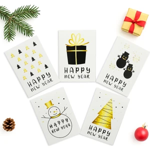 Repro Design 10x14 CM Yılbaşı Temalı 5 Adet Tebrik Kartı 5 Farklı Model Happy New Year Beyaz Siyah- Gold Yazı