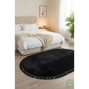 Post/peluş Yıkanabilir Kaymaz Taban Yumşacık Siyah Oval Örgü Saçaklı Modern ve Şık Salon Oturma Odası Mutfak Çocuk Odası Koridor Antre Halısı